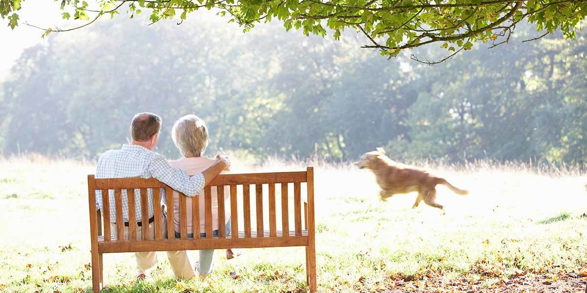 Zeitrente | Immobilienverrentung Ein älteres Ehepaar sitz auf einer Holzbank, die sich neben einer Wiese befindet.