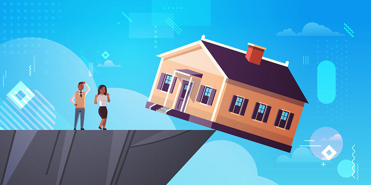 Immobilienverkauf, Notverkauf Zeichnung eines Hauses, das auf der Kippe an einer Klippe steht - Immobilienverkauf, Notverkauf