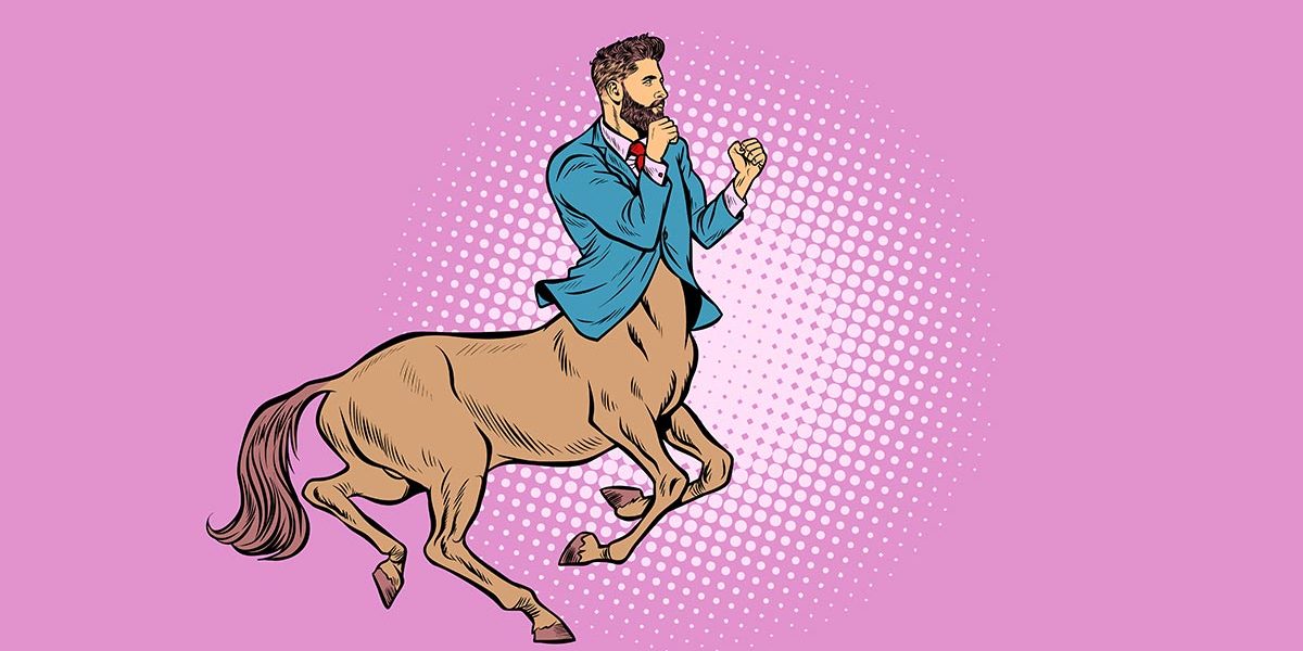 Makler Mythos Zeichnung eines Zentauren mit blauem Blazer vor einem pinken Hintergrund - Makler Mythos