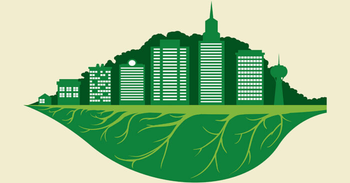 ESG und Eigentümer Collage aus einer grünen Stadt und einem Pflanzenblatt - ESG und Eigentümer