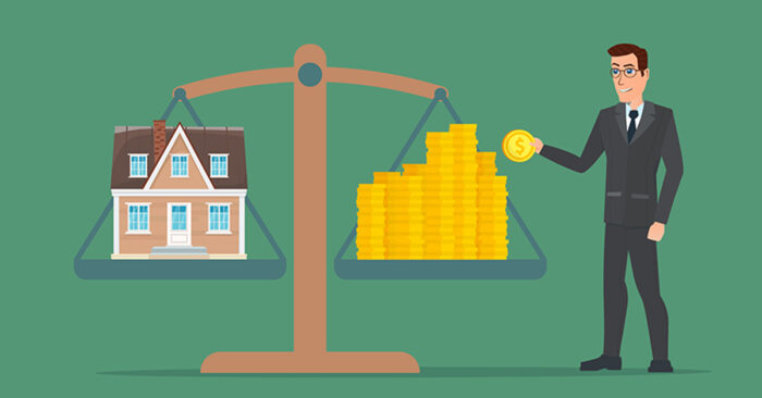 Förderung Businessman holding house on money, man collects money for a house and weighs in the balance. Business cartoon concept. Vector creative color illustrations flat design in flat modern style; Förderung