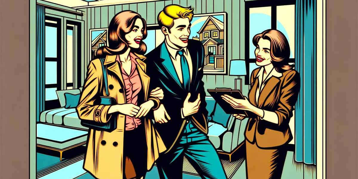 Immobilienbewertung ein Pärchen schaut sich eine Immobilie an, Immobilienmaklerin gibt Führung