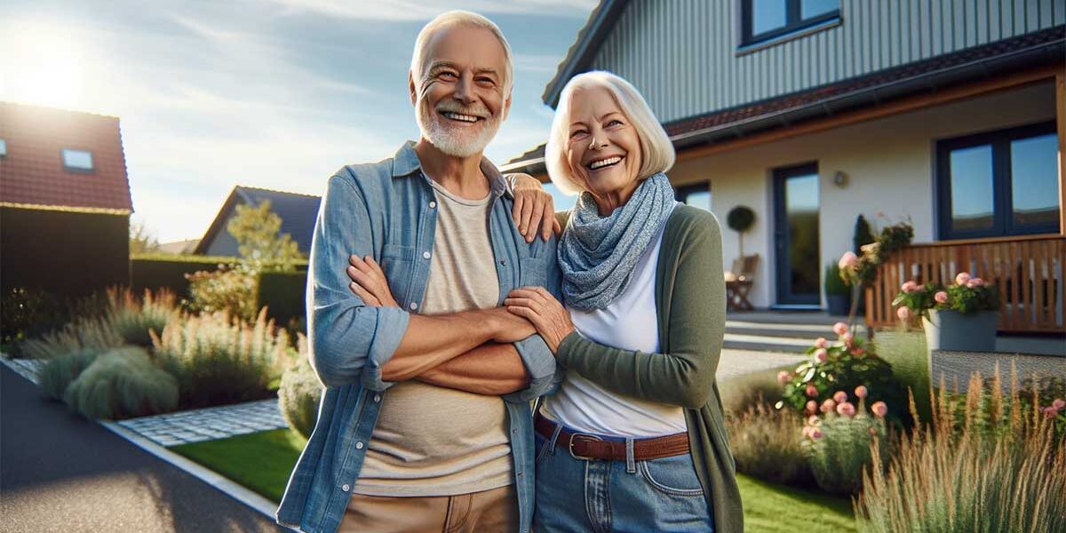 Immobilienverrentung Vor einem Einfamilienhaus steht ein glückliches Seniorenpaar | Immobilienverrentung