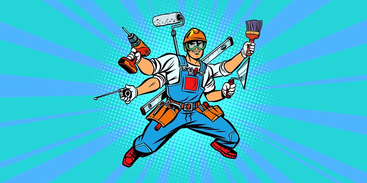 Muskelhypothek Illustration im Pop Art Stil: ein Heimwerker mit mehreren Armen und in jeder Hand ein anderes Werkzeug in Superheldenpose mit Latzhose und Bauhelm vor einem hellblauen Hintergrund mit dunkelblauen Strahlen, die vom Heimwerker ausgehen | Muskelhypothek