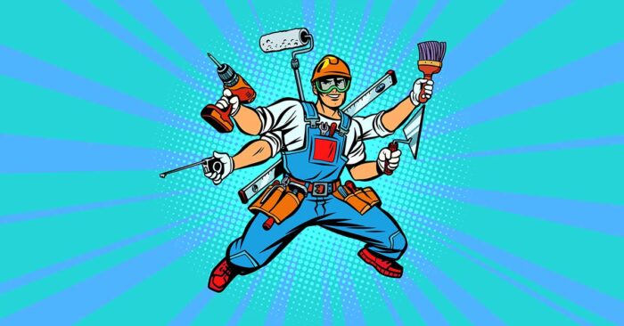Illustration im Pop Art Stil: ein Heimwerker mit mehreren Armen und in jeder Hand ein anderes Werkzeug in Superheldenpose mit Latzhose und Bauhelm vor einem hellblauen Hintergrund mit dunkelblauen Strahlen, die vom Heimwerker ausgehen | Muskelhypothek