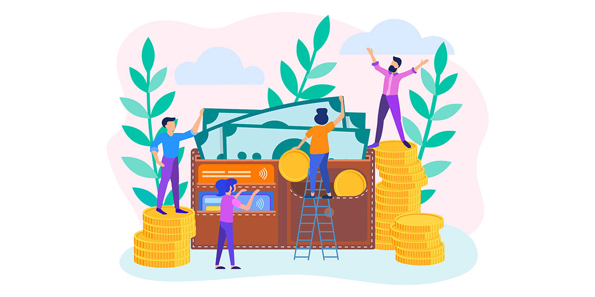 Illustration von Menschen, die Geldscheine und Münzen in ein Portemonnaie stecken für eine Immobilienfinanzierung | Immobilienfinanzierung