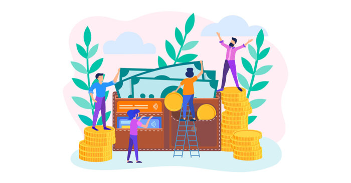 Illustration von Menschen, die Geldscheine und Münzen in ein Portemonnaie stecken für eine Immobilienfinanzierung | Immobilienfinanzierung