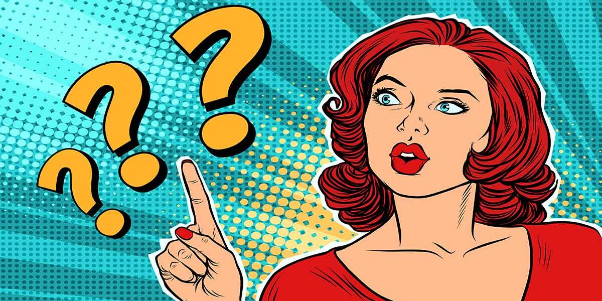 Immobilie kaufen Eine Illustration im Popart Stil von einer Frau die den Zeigefinger hebt und drei Fragenzeichen, die zeigen, dass ihr Fragen zum Immobilienkauf eingefallen sind | Immobilie kaufen