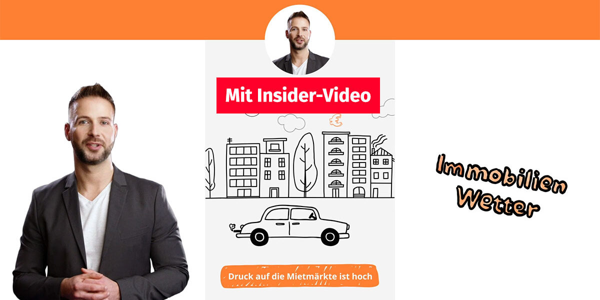 Druck auf Mietmarkt nimmt weiter zu Links steht ein Mann und erklärt die aktuelle Entwicklung an den deutschen Immobilienmärkten, in der Mitte werden die Aussagen comicartig illustriert | Druck auf Mietmarkt nimmt weiter zu