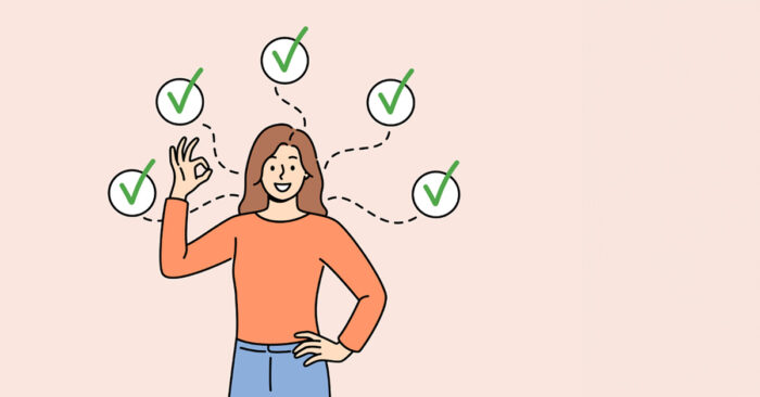 In 6 Schritten zum erfolgreichen Vermieter Zeichnung einer Frau, die eine Checkliste abhakt, symbolisiert durch grüne Häkchen