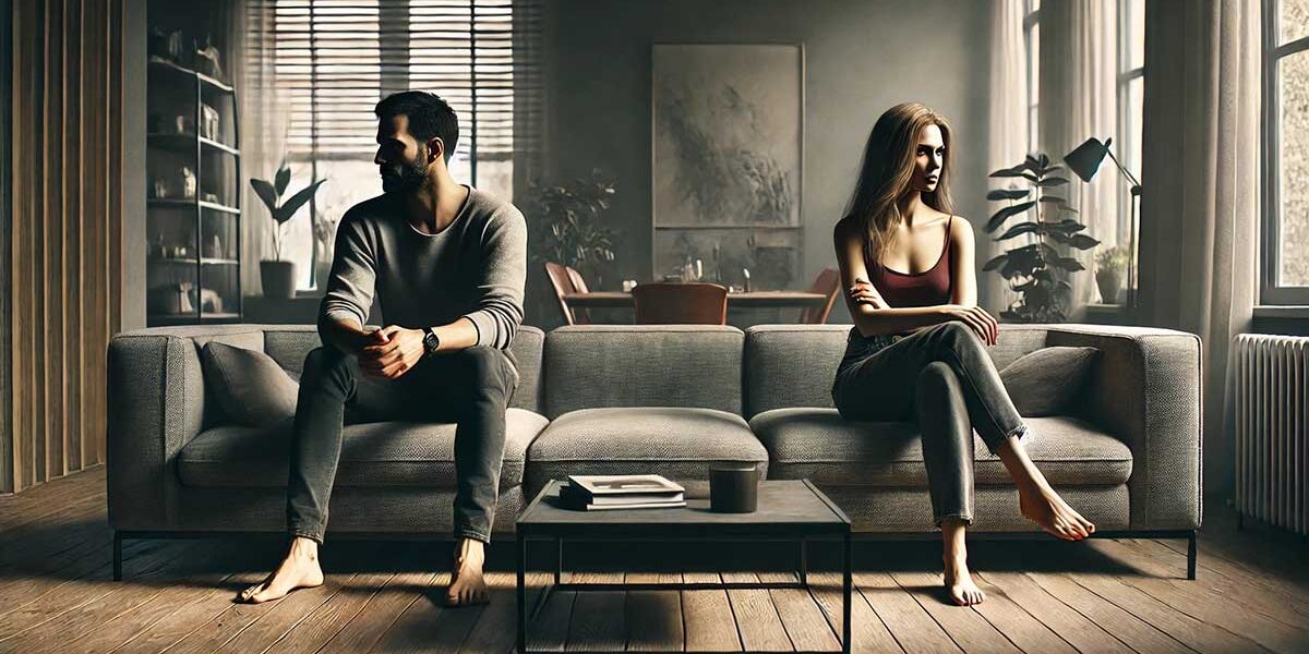 Immobilienverkauf Scheidung Ein Scheidungspaar sitzt auf dem Sofa im Wohnzimmer der gemeinsamen Immobilie, sie blicken in andere Richtungen und reden nicht mehr miteinander - für die Immobilie bleibt nur der Verkauf | Immobilienverkauf Scheidung