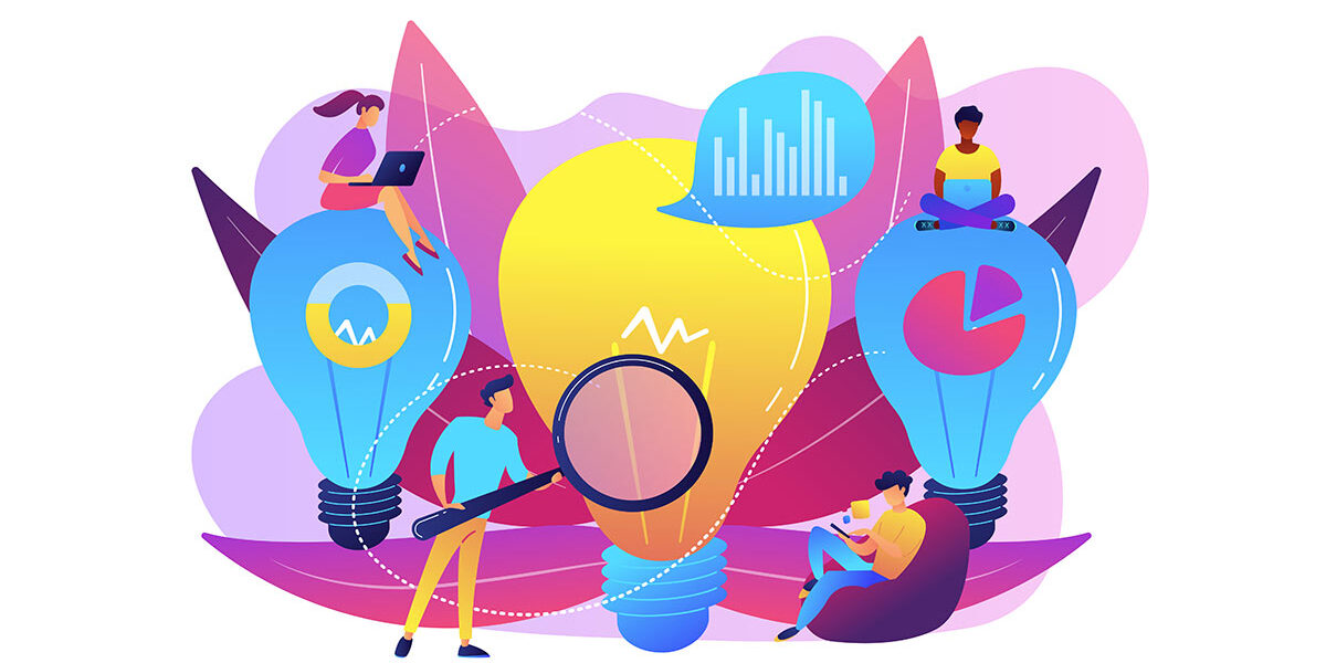 Immobilienbewertung Illustration: Menschen an mobilen Endgeräten und mit Lupe prüfen, wie viel eine Immobilie wirklich wert ist, um eine passende Preisstrategie und den optimalen Angebotspreis festlegen zu können, Diagramme symbolisieren die professionelle Auswertung und Glühbirnen symbolisieren die richtige Erkenntnis | Immobilienbewertung