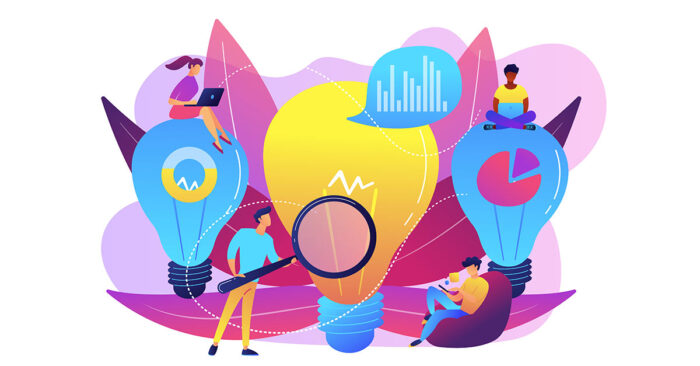 Illustration: Menschen an mobilen Endgeräten und mit Lupe prüfen, wie viel eine Immobilie wirklich wert ist, um eine passende Preisstrategie und den optimalen Angebotspreis festlegen zu können, Diagramme symbolisieren die professionelle Auswertung und Glühbirnen symbolisieren die richtige Erkenntnis | Immobilienbewertung