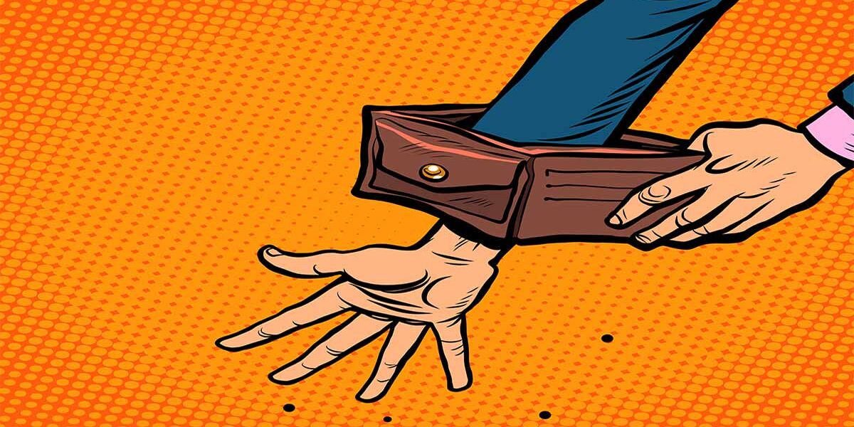 Illustration im Pop-Art-Stil: Eine leere Hand ragt aus einem umgestülpten Geldbeutel – sinnbildlich für finanzielle Notlagen, die einen schnellen Immobilienverkauf notwendig machen | Notverkauf