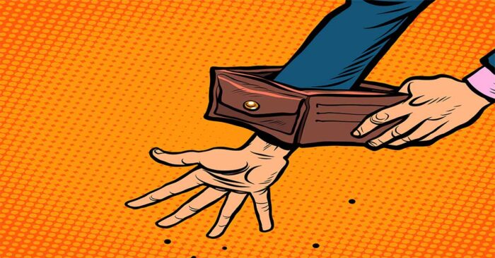 Notverkauf Illustration im Pop-Art-Stil: Eine leere Hand ragt aus einem umgestülpten Geldbeutel – sinnbildlich für finanzielle Notlagen, die einen schnellen Immobilienverkauf notwendig machen | Notverkauf