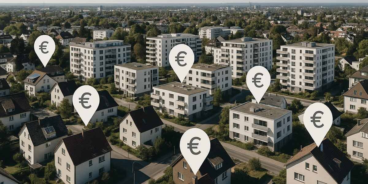 eine Stadt mit Pins an den Häusern und Eurozeichen darin
