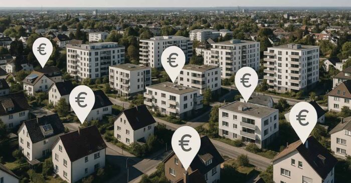 eine Stadt mit Pins an den Häusern und Eurozeichen darin