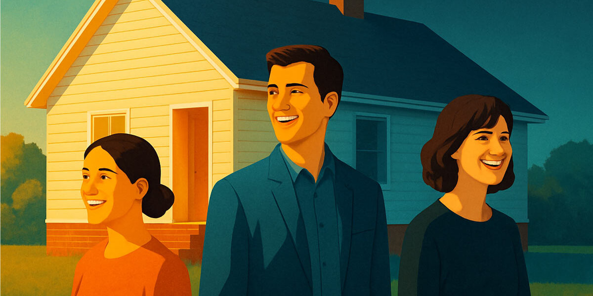 ein Bild mit drei glücklichen Personen, welche als Erben stehen in einer art COmicstil,