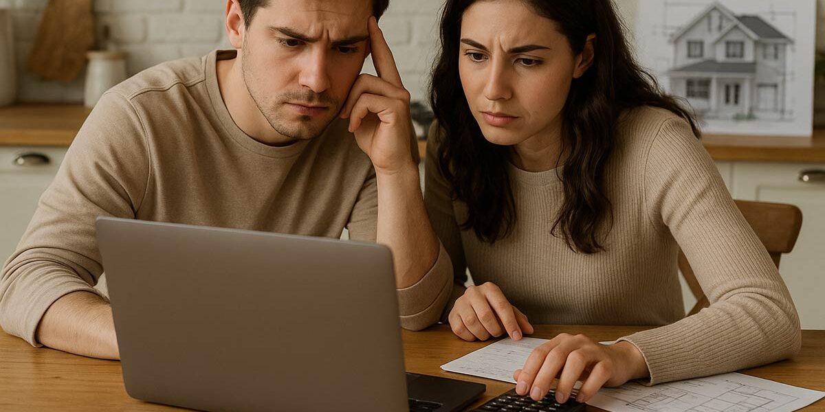 Ein Paar vor einem Laptop mit Taschenrechner überlegt zum Thema Immobilienfinanzierung
