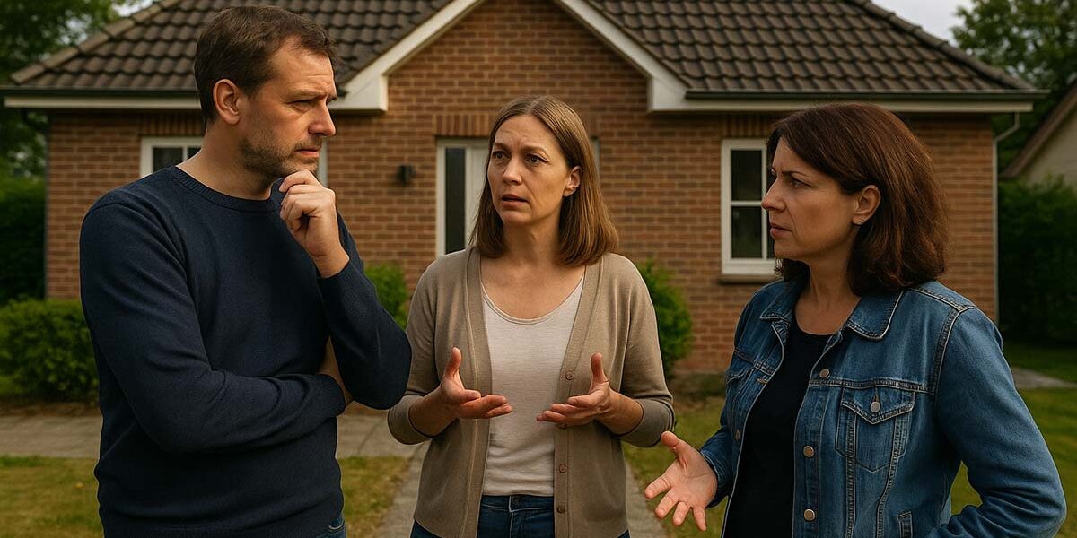 Eine Erbengemeinschaft von drei Geschwistern beratschlagt vor der Erbimmobilie, wie sie damit umgehen wollen - verkaufen, behalten, vermieten | Immobilie Erbe