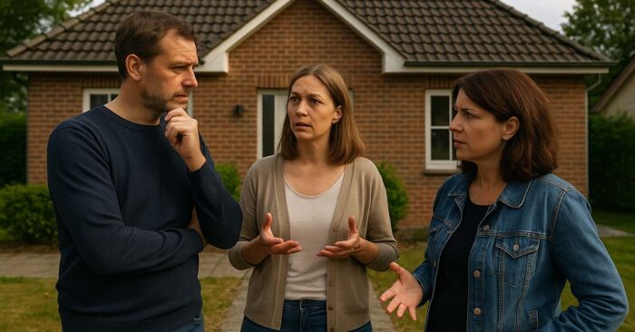 Eine Erbengemeinschaft von drei Geschwistern beratschlagt vor der Erbimmobilie, wie sie damit umgehen wollen - verkaufen, behalten, vermieten | Immobilie Erbe
