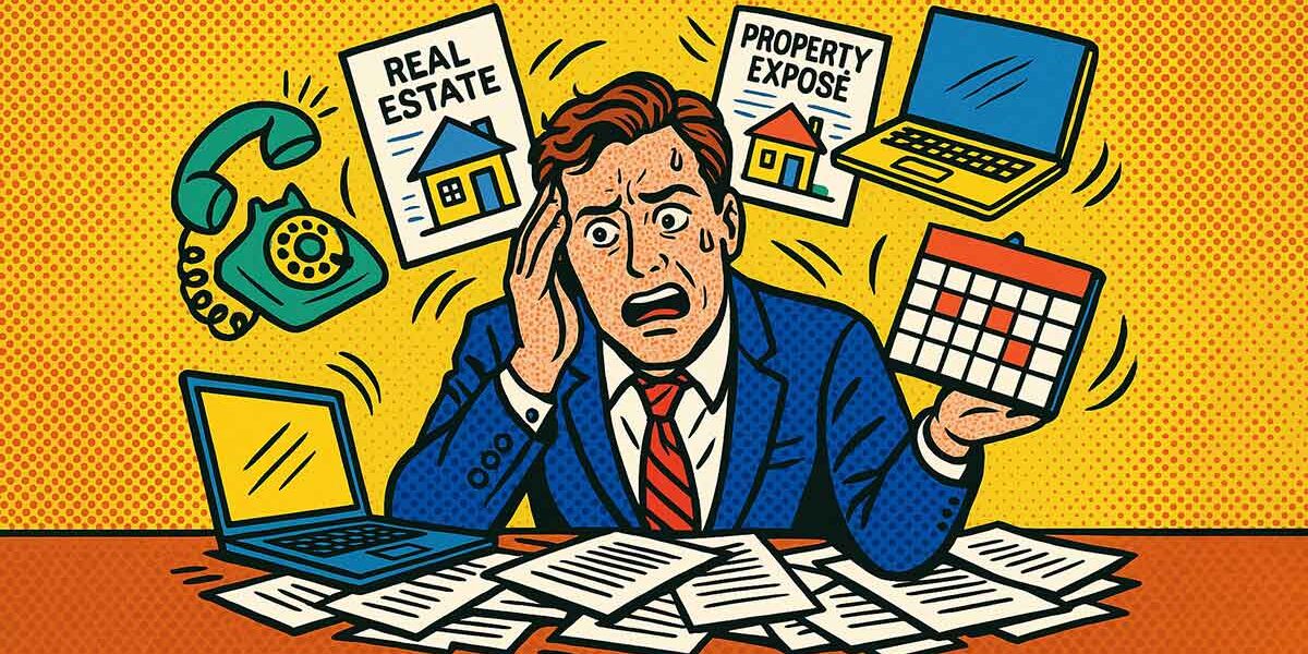 Ein vom Immobilienverkauf überforderter Eigentümer, um den Unterlagen, Laptop, Kalender, Telefon, Exposés fliegen als Zeichen der Überforderung | Immobilienverkauf