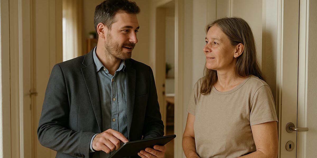 Ein Makler in einem Beratungsgespräch mit einer Interessenten oder potenziellen Verkäuferin oder Eigentümerin