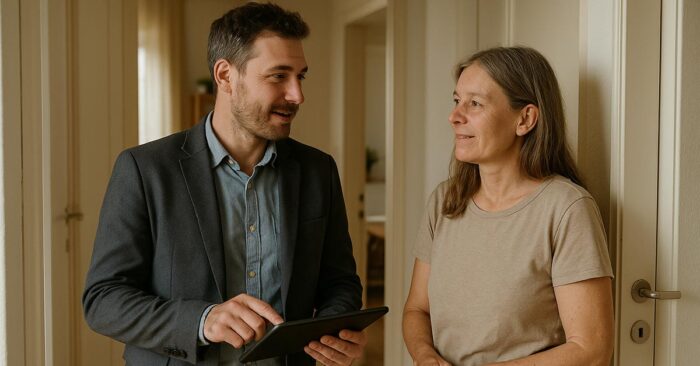 Ein Makler in einem Beratungsgespräch mit einer Interessenten oder potenziellen Verkäuferin oder Eigentümerin