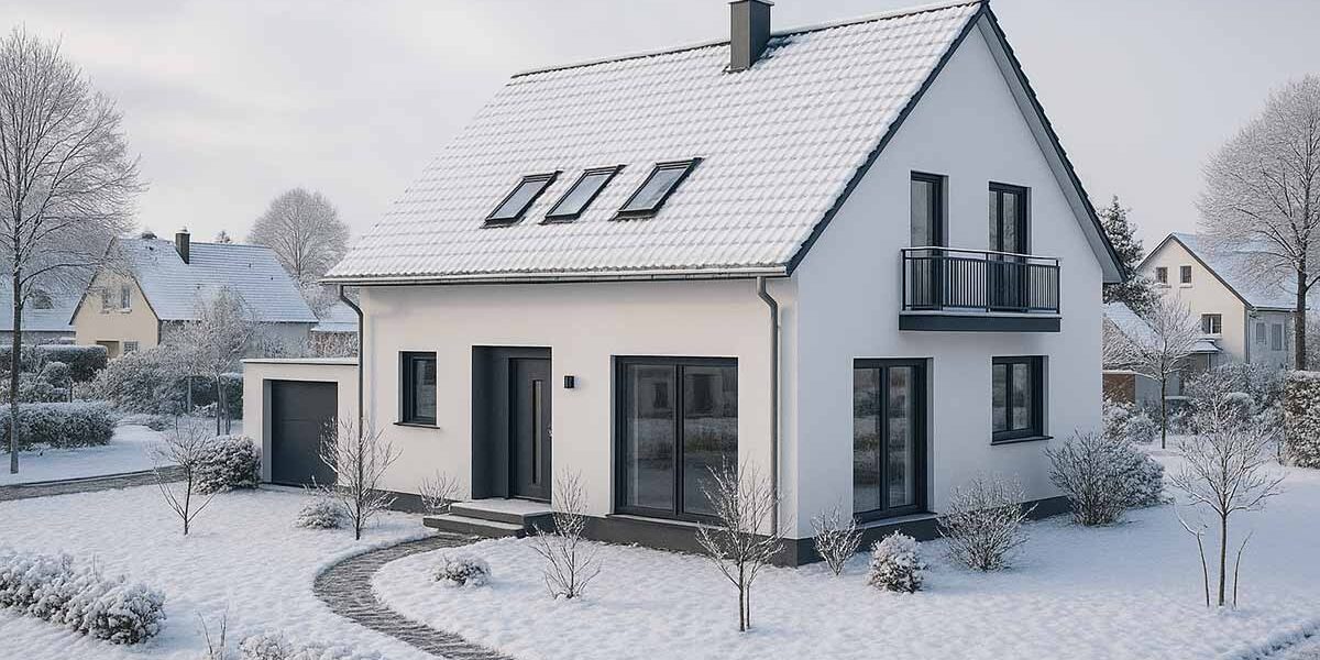 Modernes Einfamilienhaus in verschneiter Winterlandschaft; symbolisiert den Immobilienverkauf in der kalten Jahreszeit und die Chancen einer gelungenen Präsentation im Winter. | Immobilienverkauf