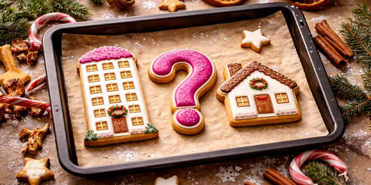 Weihnachtliche Plätzchen in Form eines Mehrfamilienhauses, eines Einfamilienhauses und eines Fragezeichens auf einem Backblech – Symbolbild für die Entscheidung „Miete oder Kauf“ und Wohnfragen 2026. | Immobilienkauf