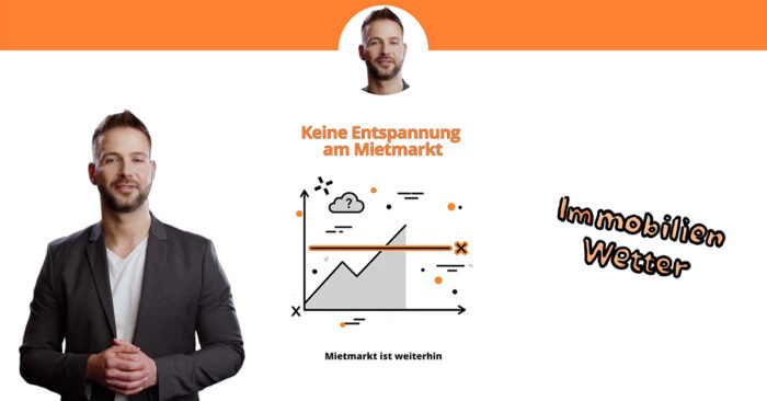 Standbild aus dem Video: Grafische Darstellung mit stilisierter Stadtsilhouette und Wohnhäusern unter einem wechselhaften Himmel, darüber eingeblendeter Titel „Immobilien-Wetter“. Immobilienmarkt