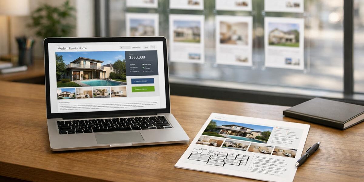 Laptop mit geöffnetem Immobilienexposé auf einem Schreibtisch, daneben ein ausgedrucktes Exposé mit Grundriss; im Hintergrund sind im Schaufenster eines Maklerbüros weitere Immobilienangebote zu sehen – Symbol für die Kombination aus Online- und Offline-Vermarktung. | Immobilienverkauf