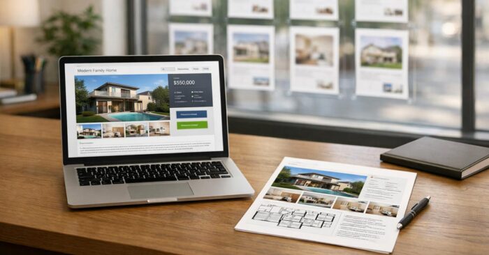 Laptop mit geöffnetem Immobilienexposé auf einem Schreibtisch, daneben ein ausgedrucktes Exposé mit Grundriss; im Hintergrund sind im Schaufenster eines Maklerbüros weitere Immobilienangebote zu sehen – Symbol für die Kombination aus Online- und Offline-Vermarktung. | Immobilienverkauf