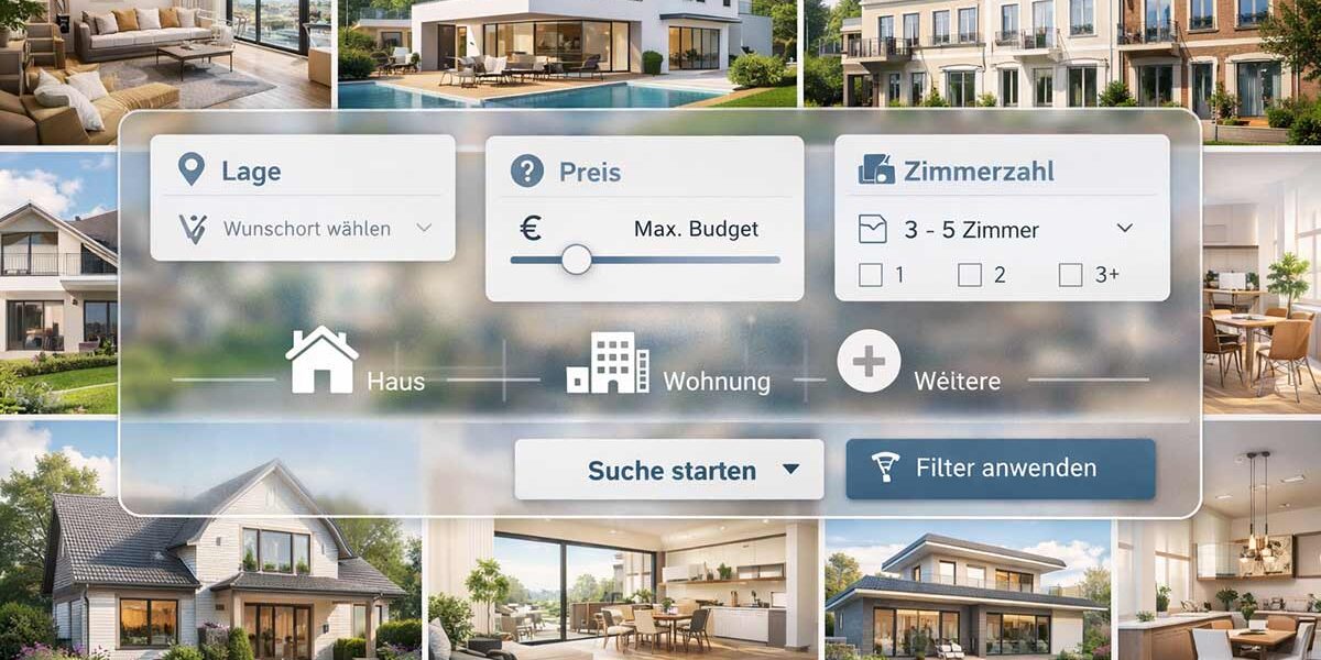 Immobilienkauf Visuelle Collage aus hochwertigen Fotografien verschiedener Immobilien, darunter moderne Wohnungen, Einfamilienhäuser und Stadthäuser in heller, freundlicher Atmosphäre. Über der Collage liegt eine halbtransparente digitale Suchoberfläche mit stilisierten Filterfeldern und Icons. In der Suchmaske sind Begriffe wie ‚Lage‘, ‚Preis‘ und ‚Zimmerzahl‘ hervorgehoben, ergänzt durch grafische Elemente wie Schieberegler, Kartenmarkierungen und Auswahlkästchen. Die Gesamtwirkung ist modern, professionell und technisch-digital, mit klarer, aufgeräumter Ästhetik und harmonischer Farbgebung. - Als Symbolbild für Suchauftrag beim Immobilienmakler.| Immobilienkauf
