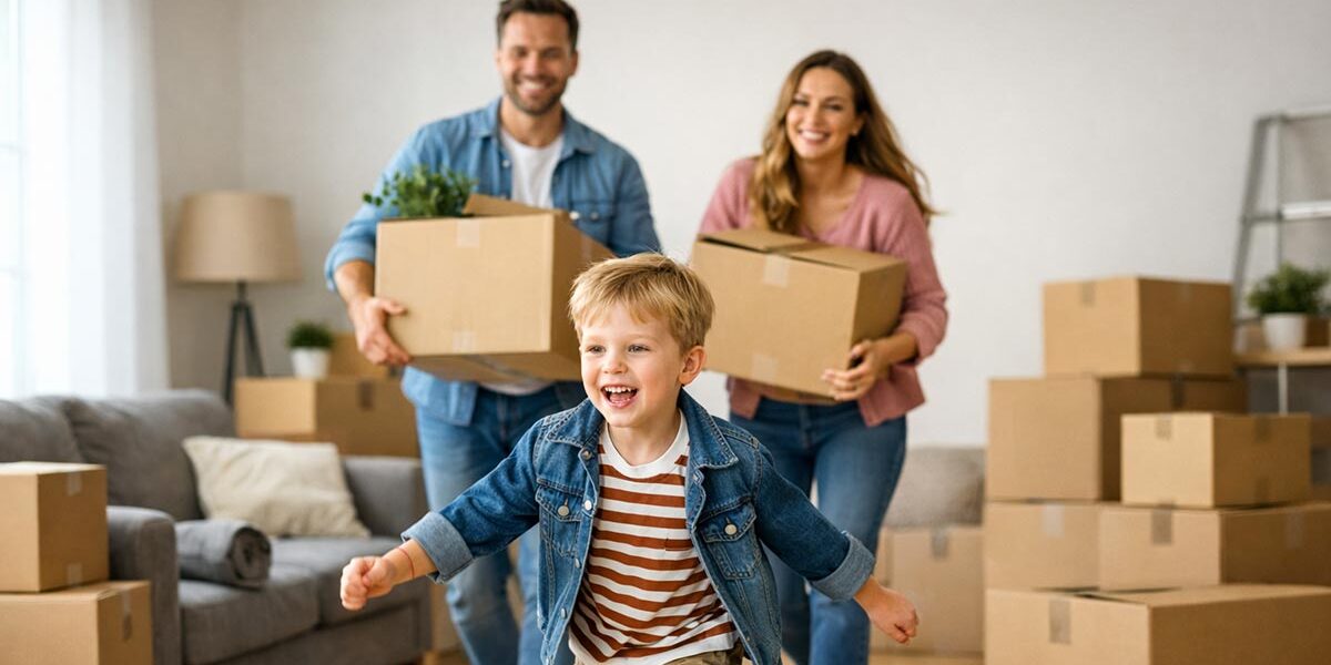 Eine glückliche junge Familie trägt volle Umzugskartons in die neue Wohnung, die sie sich gekauft haben. Das Kind rennt spielerisch vor den Eltern im Wohnzimmer. | Immobilienkauf