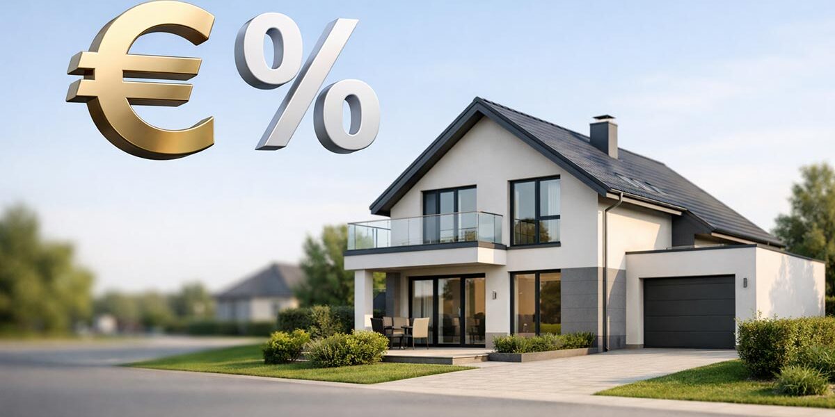 Modernes Einfamilienhaus mit Euro-Symbol und Prozentzeichen als schwebende grafische Elemente über dem Haus - Symbolbild für den Immobilienverkauf mit laufendem Kredit | Immobilieverkauf mit bestehendem Darlehen - Vorfälligkeitsentschädigung