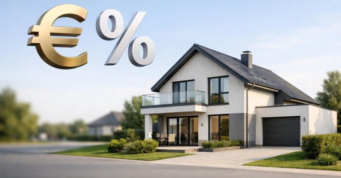 Modernes Einfamilienhaus mit Euro-Symbol und Prozentzeichen als schwebende grafische Elemente über dem Haus - Symbolbild für den Immobilienverkauf mit laufendem Kredit | Immobilieverkauf mit bestehendem Darlehen - Vorfälligkeitsentschädigung