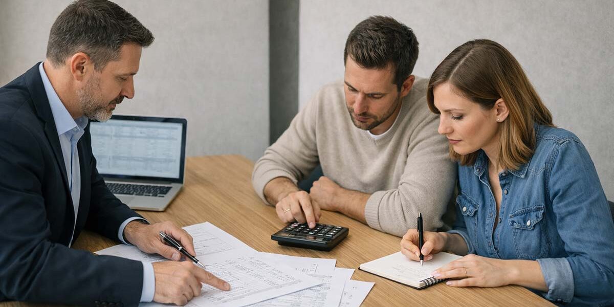 Ein Immobilienmakler sitzt mit einem Paar (ca. 30–45 Jahre) an einem Tisch. Auf dem Tisch liegen sichtbar strukturierte Unterlagen mit Kostenaufstellungen, Taschenrechner, Notizblock mit Zahlen, Laptop mit Tabellenansicht. Der Makler zeigt mit einem Stift auf eine Kostenposition, während das Paar konzentriert mitrechnet. Immobilienkauf