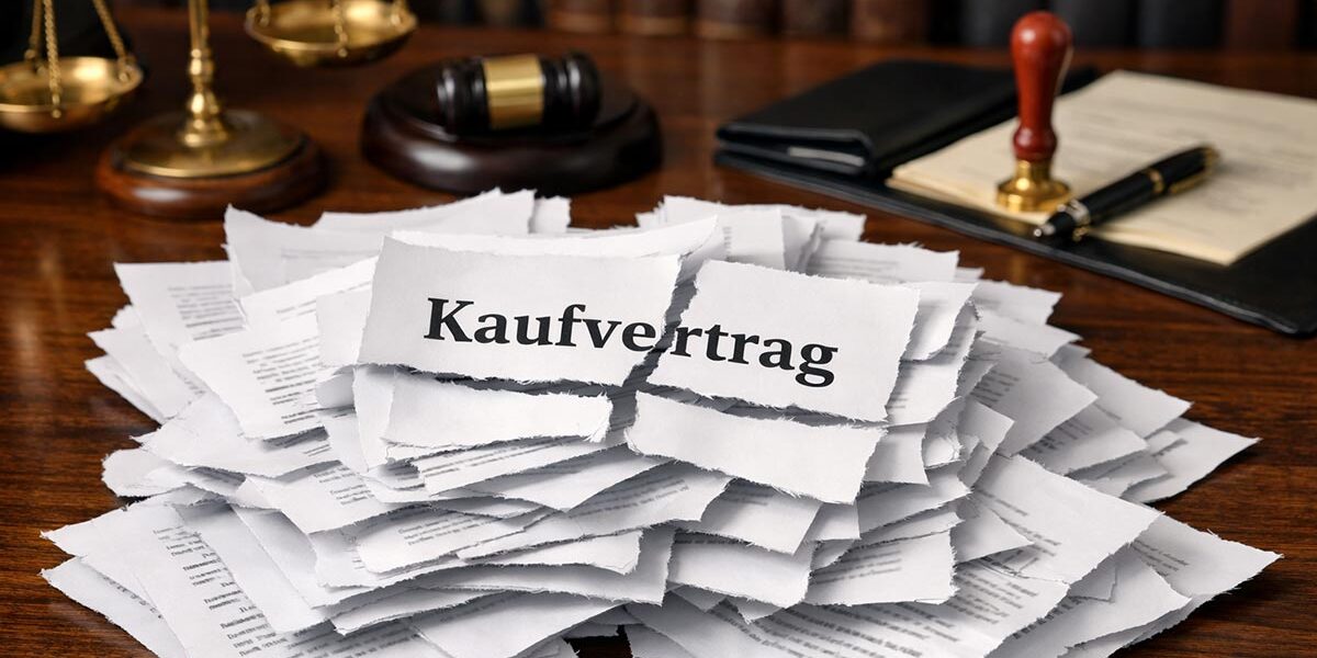 Auf dem Schreibtisch in einem Büro eines Notars liegt ein kleiner zerrissener Stapel eines Kaufvertrags, etwa 20 A4-Seiten. Auf dem Vertrag ist "Kaufvertrag zu lesen - also entsprechend dem Riss. Verkauf gescheitert