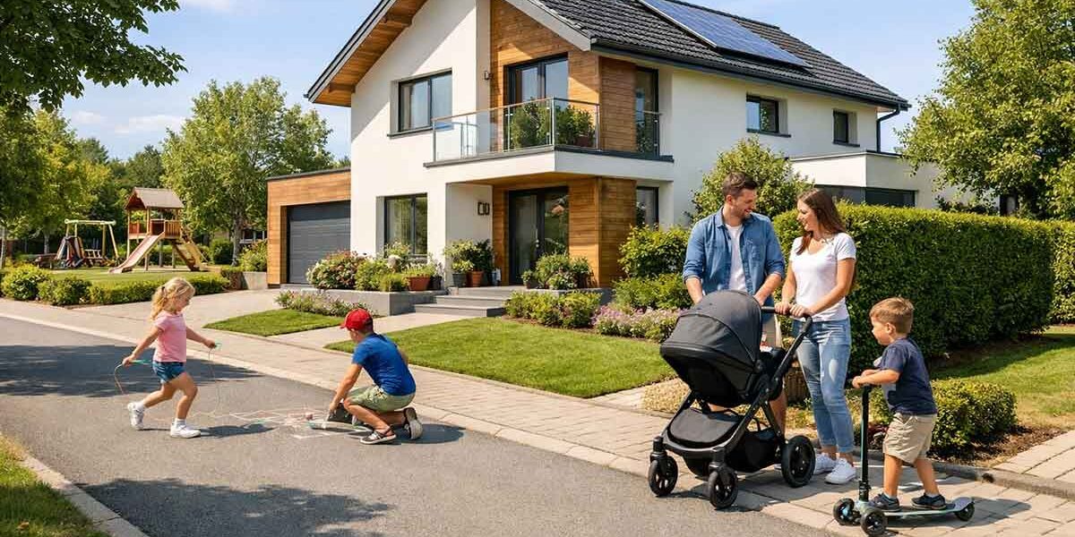 Modernes Einfamilienhaus in einer ruhigen, familienfreundlichen Wohngegend, gepflegte Vorgärten, breite saubere Straße, spielende Kinder auf dem Gehweg, junge Familie mit Kinderwagen vor dem Haus, viel Grün, Bäume und ein kleiner Spielplatz im Hintergrund. Lage Immobilienkauf