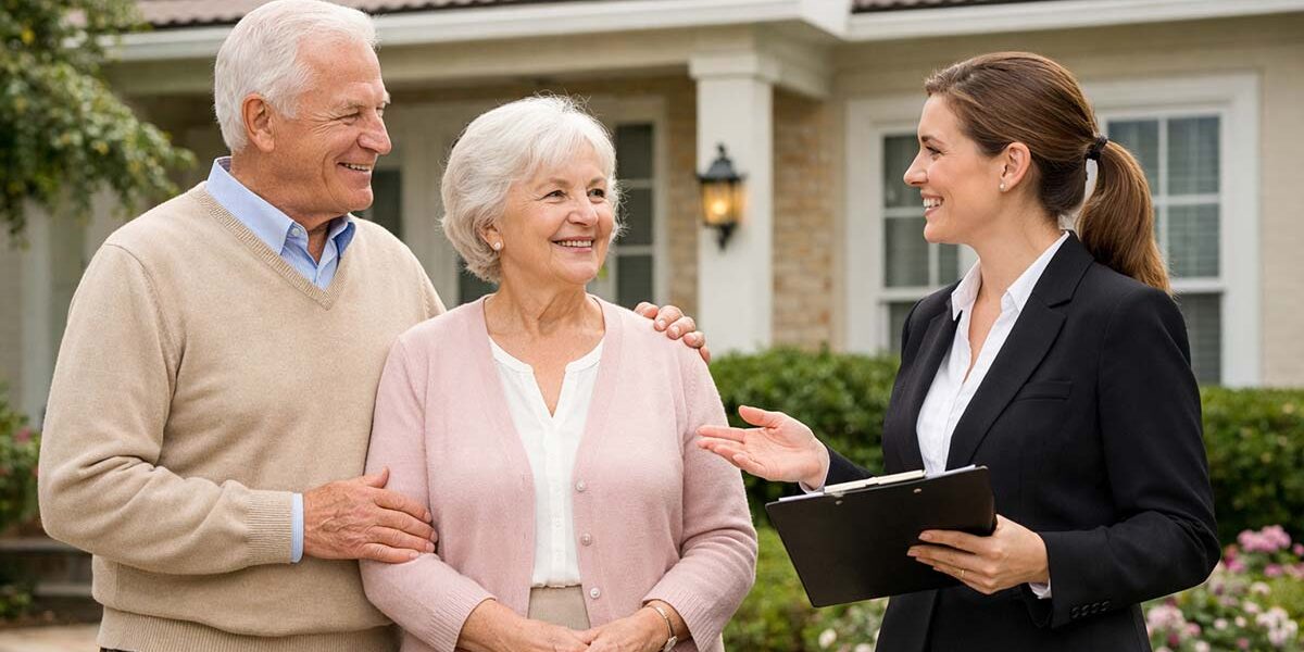 Eine Maklerin berät ein Seniorenpaar vor deren Immobilie- Makleralleinauftrag