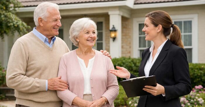 Eine Maklerin berät ein Seniorenpaar vor deren Immobilie- Makleralleinauftrag