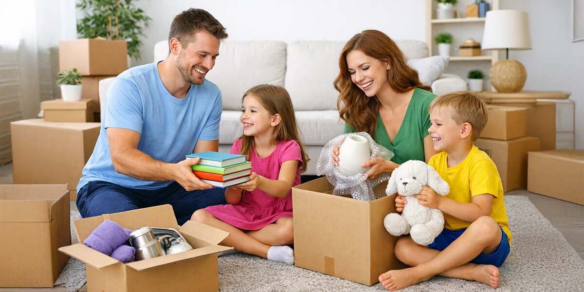 Eine Familie mit zwei Kindern packt in einem Wohnzimmer Umzugskartons aus. - Symbolbild dafür, dass der Immobilienkauf mit der richtigen Finanzierung geklappt hat | Immobilienfinanzierung