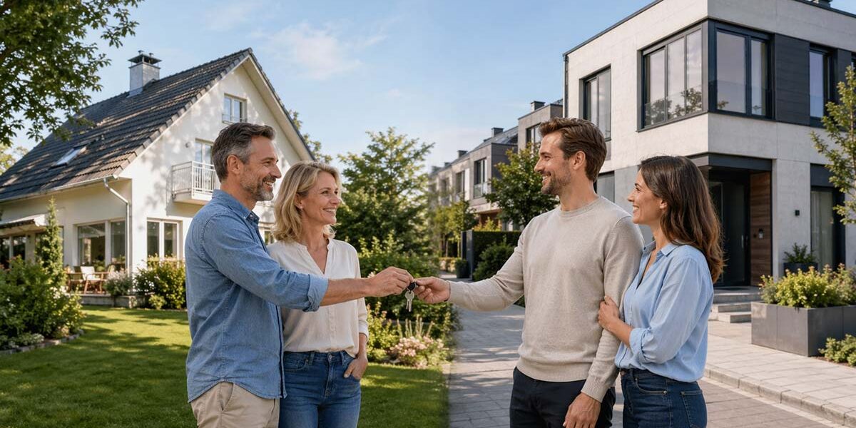 Vier Erwachsene stehen zwischen einem Einfamilienhaus und einer modernen Stadtvilla und übergeben sich symbolisch einen Schlüssel als Zeichen für einen Immobilientausch. | Immobilientausch