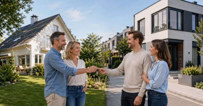 Vier Erwachsene stehen zwischen einem Einfamilienhaus und einer modernen Stadtvilla und übergeben sich symbolisch einen Schlüssel als Zeichen für einen Immobilientausch. | Immobilientausch