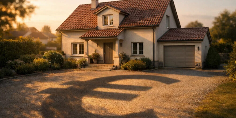Gepflegte Immobilie mit klarer Architektur und ruhiger Ausstrahlung. Der Schatten des Hauses bildet dezent ein Euro-Symbol und verweist auf finanzielle Belastungen. Erbe Hypothek
