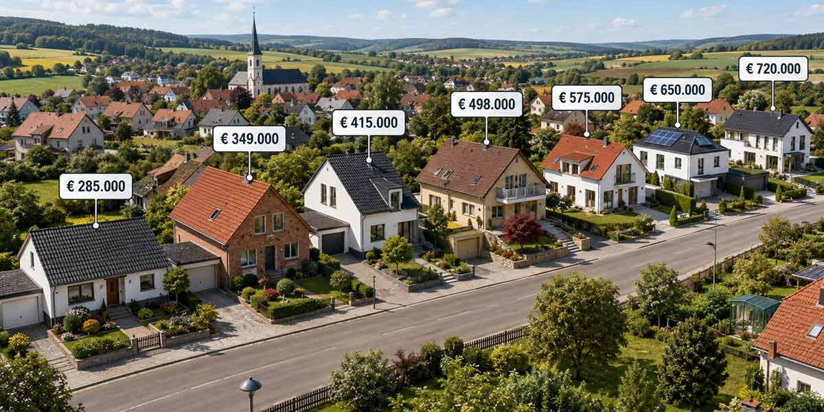 Luftaufnahme einer Wohnstraße mit Einfamilienhäusern und Preisangaben als Beispiel für das Vergleichswertverfahren bei Immobilien. | Vergleichswertverfahren