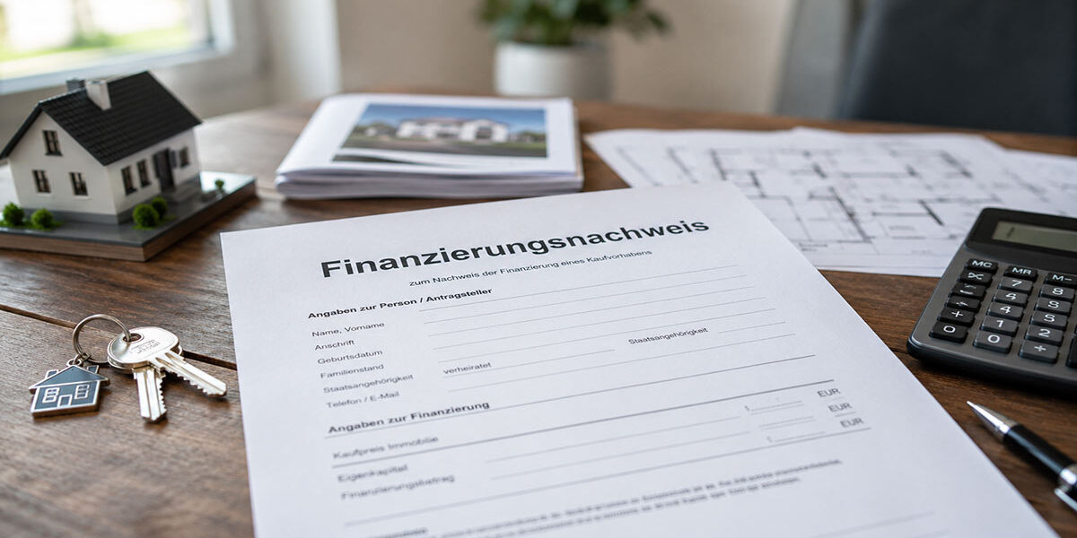 Immobilienfinanzierung Finanzierungsnachweis liegt auf einem Tisch neben Hausschlüsseln, Modellhaus, Grundriss und Taschenrechner – Symbolbild für die Finanzierungsbestätigung beim Immobilienkauf. - Immobilienfinanzierung