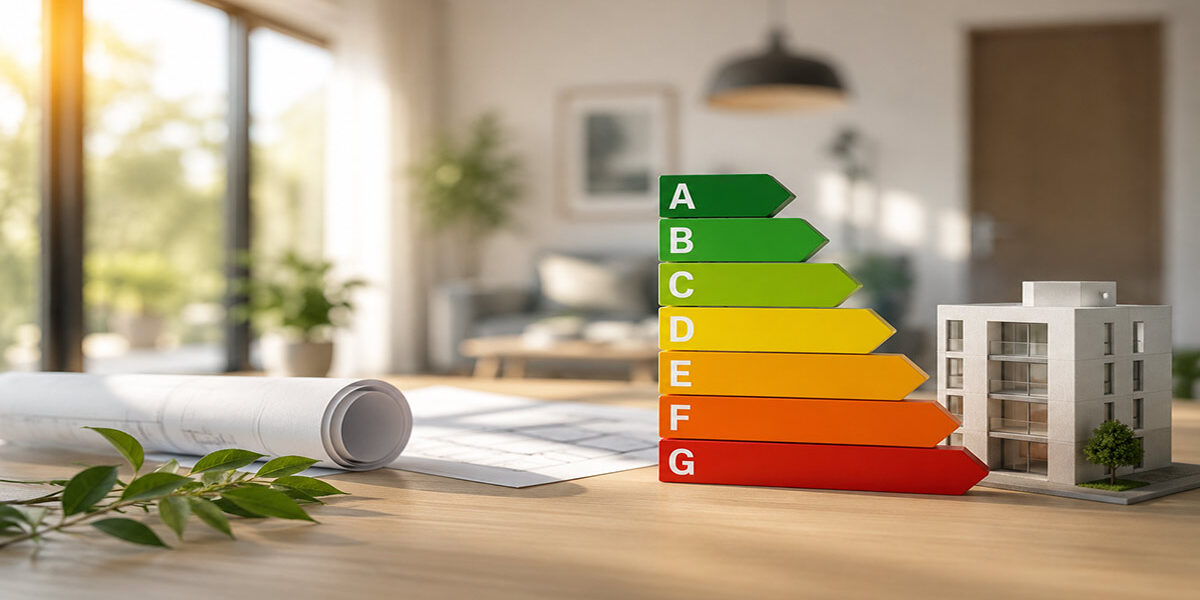 Energieausweis beim Verkauf Energieeffizienzskala von A bis G neben Hausmodell und Bauplänen – Symbolbild für den Energieausweis beim Immobilienverkauf.