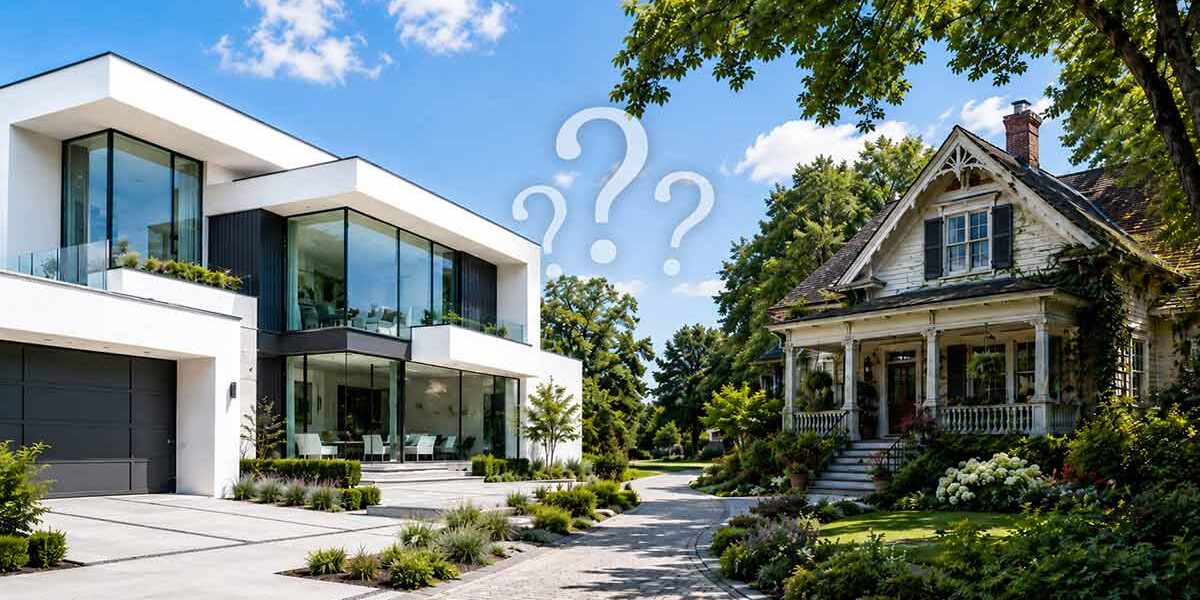 Ein moderner Neubau und ein älteres Bestandsgebäude stehen einander gegenüber und symbolisieren die Entscheidung zwischen neuem Zuhause und bestehender Immobilie. I Neubau oder Bestandsimmobilie?